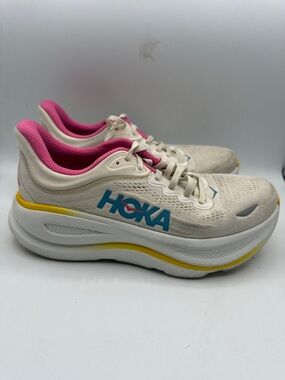 Hoka BONDI 9 Women's 8B Cream Running Shoes with Pink Liner and Yellow S7